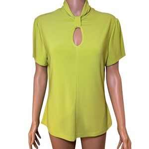 Picadilly Fashions Lime Green Keyhole Knot Mock Neck Short Sleeve Top Size Small